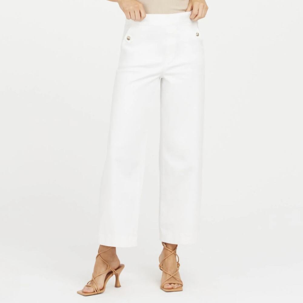 Spanx Pants Wide Leg High Rise Ankle Crop Women Large Soft White Stretch PullOn